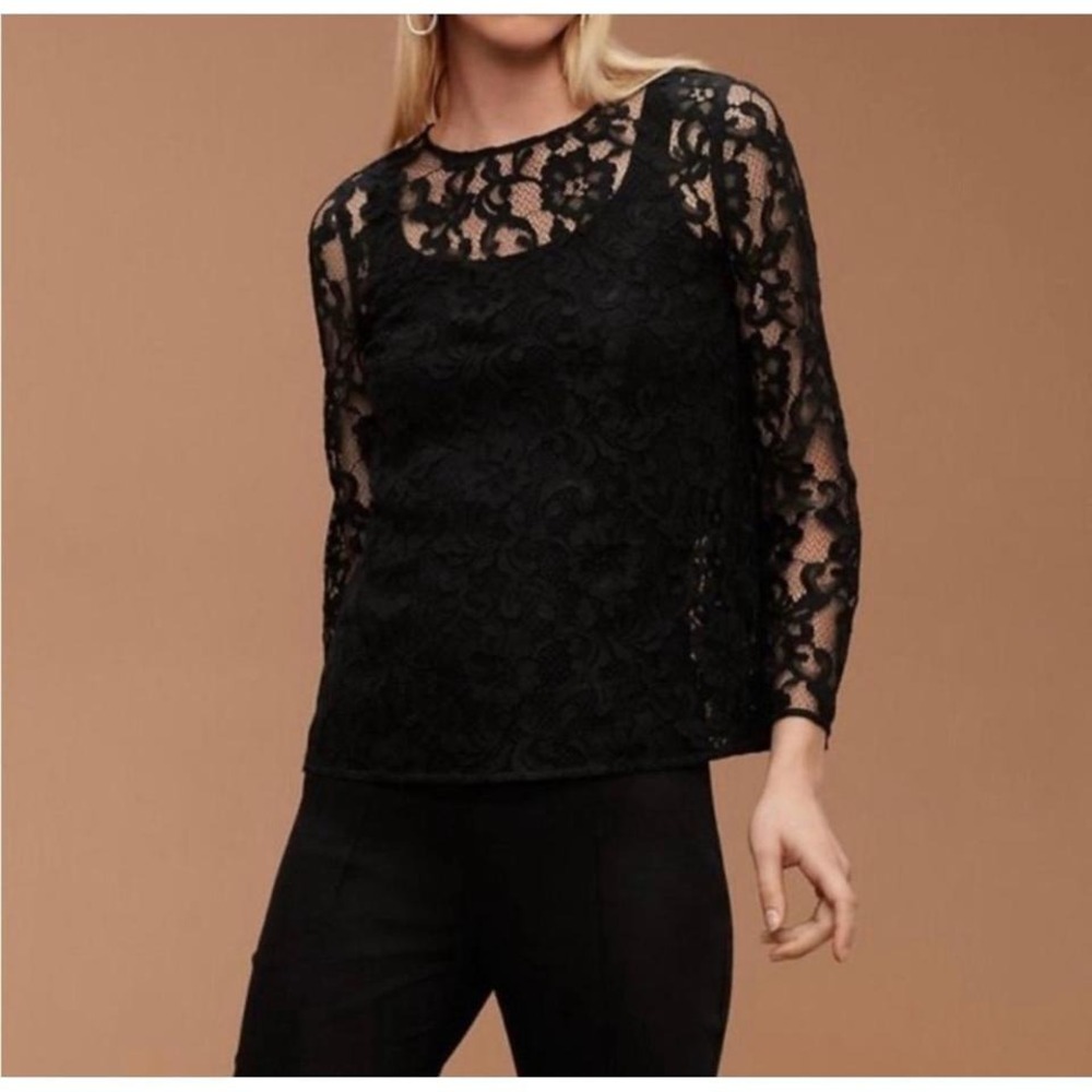 Babaton Black Floral Lace Long Sleeve Top Blouse Sheer XS